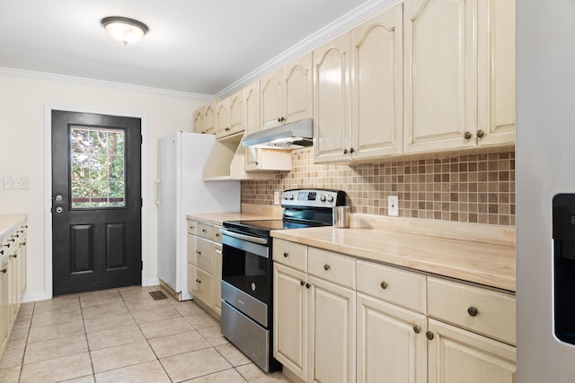 kitchen featuring backsplash, crown molding, light tile patterned floors, cream cabinetry, and stainless steel electric range oven