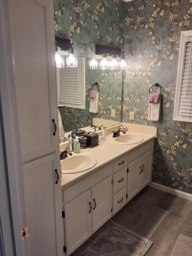 170 Courtyard Ln NE, Cleveland, TN 37312 - bathroom with wallpapered walls, wood finished floors, and double vanity