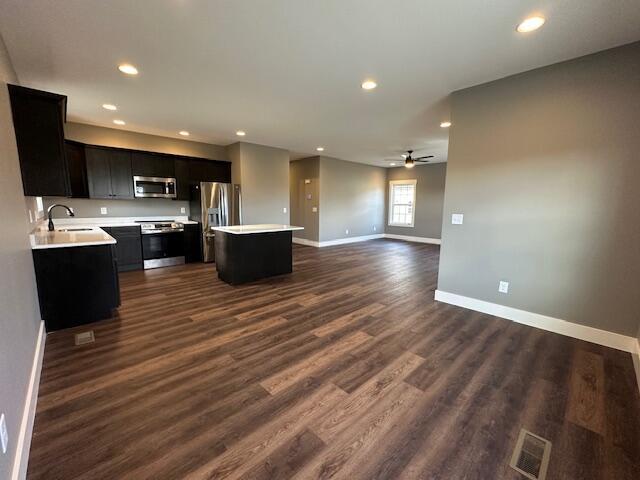 kitchen featuring ceiling fan, sink, stainless steel appliances, dark hardwood / wood-style floors, and a kitchen island