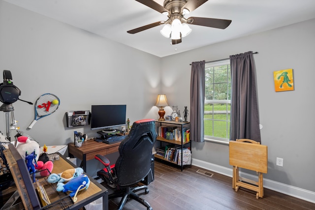 office featuring ceiling fan and dark wood-type flooring