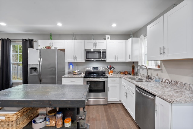 kitchen with white cabinets, dark hardwood / wood-style floors, sink, and stainless steel appliances