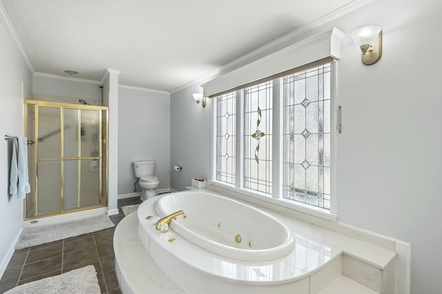 bathroom with crown molding, toilet, a shower stall, a tub with jets, and tile patterned floors