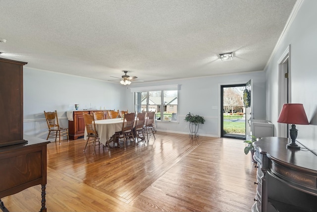 dining space featuring crown molding, ceiling fan, and light wood-type flooring