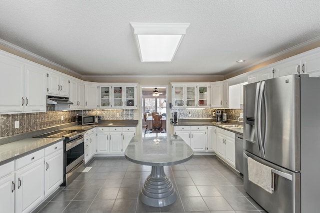 kitchen with white cabinets, under cabinet range hood, and stainless steel appliances