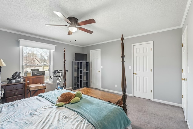 bedroom with carpet flooring, ornamental molding, and baseboards