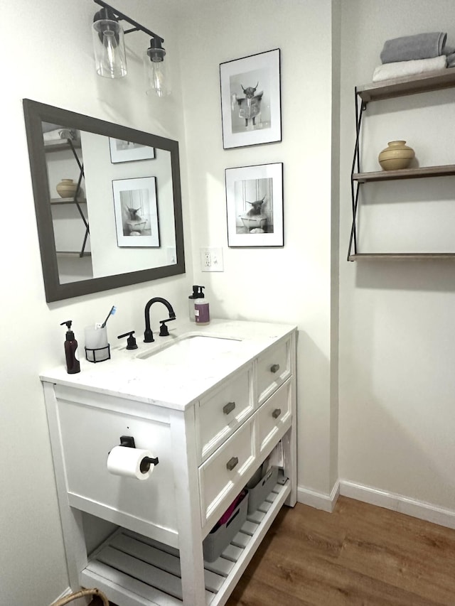 bathroom with vanity and wood-type flooring