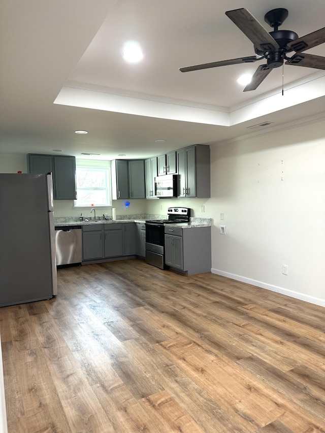 kitchen featuring sink, a tray ceiling, stainless steel appliances, and light wood-type flooring