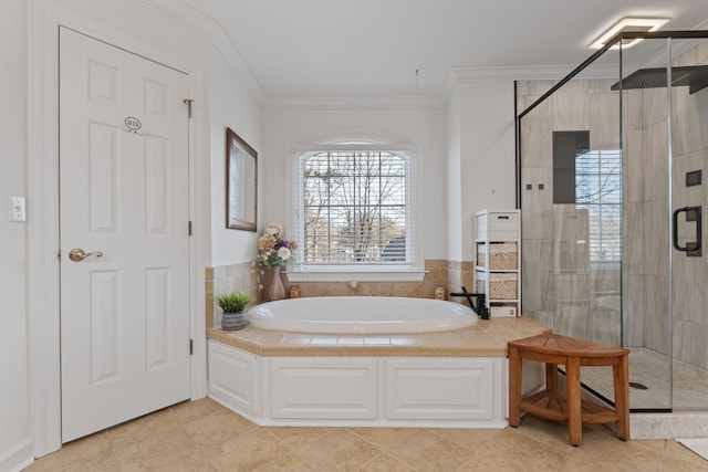 bathroom featuring ornamental molding, shower with separate bathtub, and tile patterned flooring