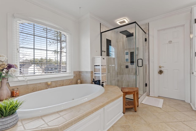 bathroom with crown molding, tile patterned floors, and independent shower and bath