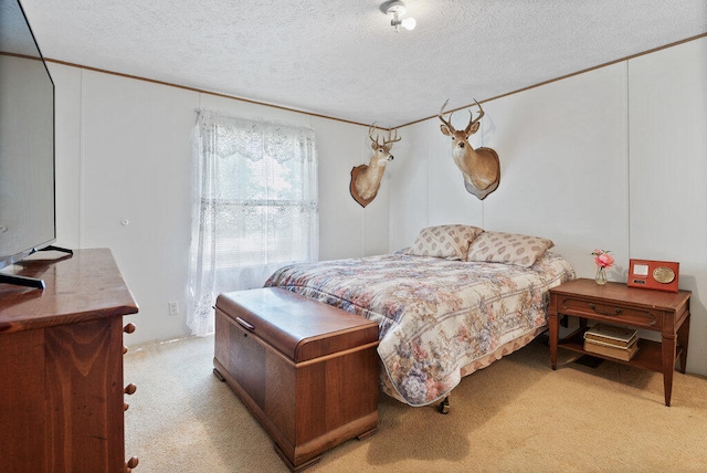 carpeted bedroom with a textured ceiling