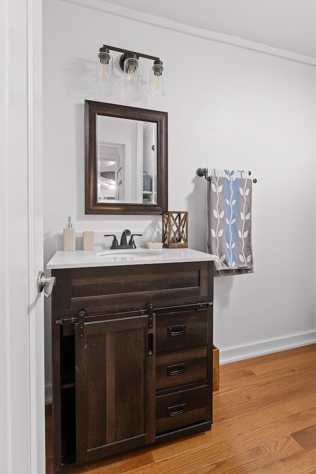 bathroom with hardwood / wood-style floors and vanity