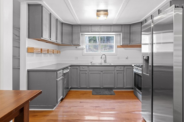 kitchen with gray cabinets, light hardwood / wood-style flooring, stainless steel appliances, and sink