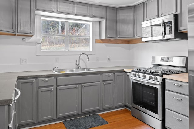 kitchen featuring light wood-type flooring, appliances with stainless steel finishes, sink, and gray cabinetry