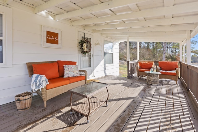 exterior space featuring wood ceiling and beam ceiling