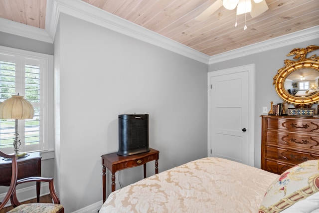 bedroom featuring multiple windows, ceiling fan, wood ceiling, and ornamental molding