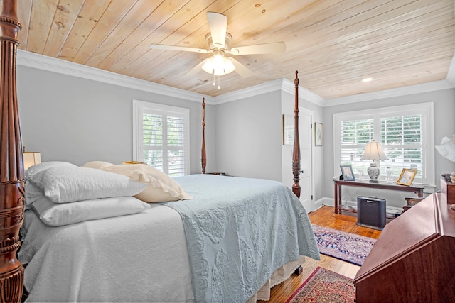 bedroom with ceiling fan, light wood-type flooring, wood ceiling, and multiple windows