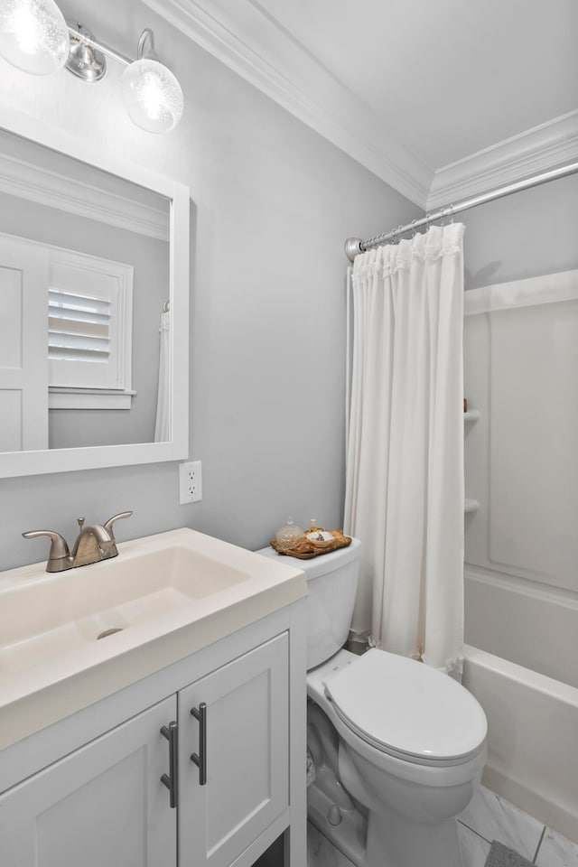 full bathroom with crown molding, shower / bath combo with shower curtain, vanity, and toilet