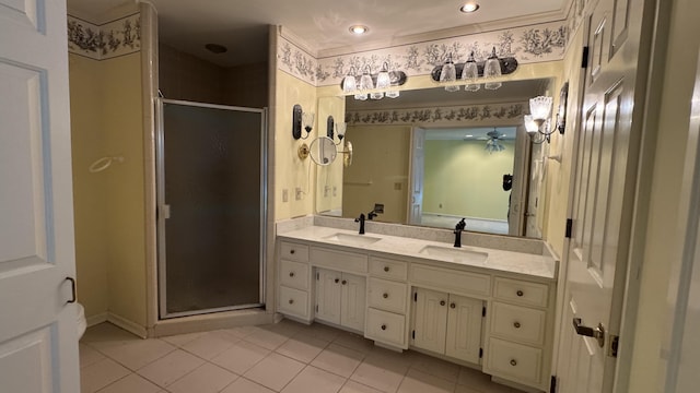 3619 Sourwood Trl, Cleveland, TN 37312 - bathroom with double vanity, tile patterned floors, a stall shower, and recessed lighting