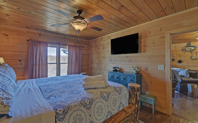 101 Hideaway Trl, Copperhill, TN 37317 - bedroom with wooden walls, wooden ceiling, a ceiling fan, and wood finished floors
