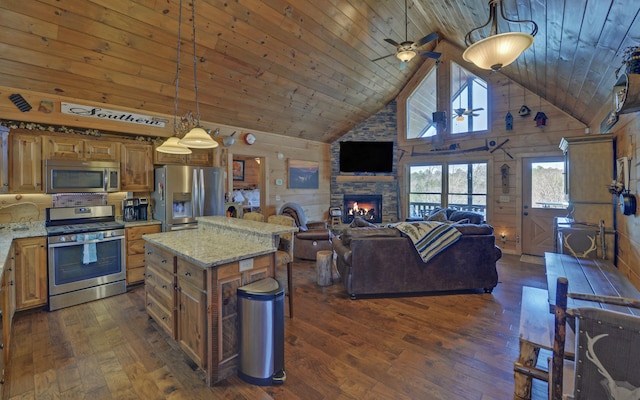 101 Hideaway Trl, Copperhill, TN 37317 - kitchen featuring dark wood-style floors, open floor plan, appliances with stainless steel finishes, and wooden ceiling