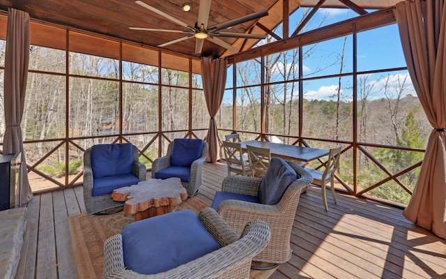 101 Hideaway Trl, Copperhill, TN 37317 - sunroom featuring outdoor dining space, a forest view, and ceiling fan
