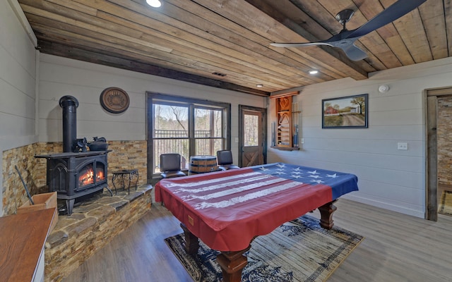 101 Hideaway Trl, Copperhill, TN 37317 - rec room with billiards, a ceiling fan, wood finished floors, a wood stove, and wooden ceiling