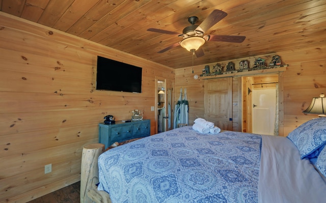 101 Hideaway Trl, Copperhill, TN 37317 - bedroom featuring a ceiling fan, wooden ceiling, wood finished floors, and wood walls