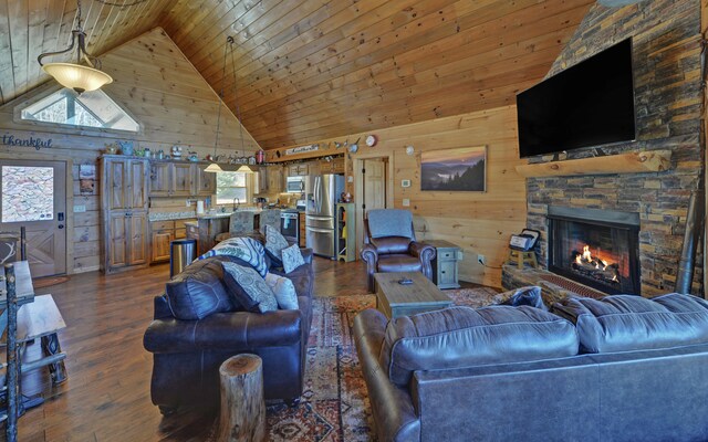 101 Hideaway Trl, Copperhill, TN 37317 - living room featuring dark wood-type flooring, wood ceiling, wood walls, and a fireplace