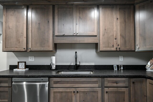 kitchen featuring dark brown cabinets, stainless steel dishwasher, and sink