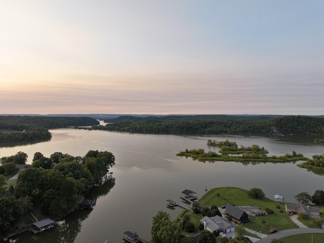 aerial view at dusk with a water view