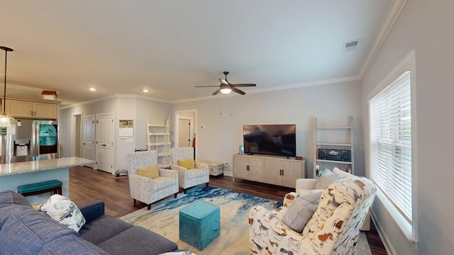 6453 Serenade Ln, Hixson, TN 37343 - living room with visible vents, ornamental molding, ceiling fan, recessed lighting, and dark wood finished floors