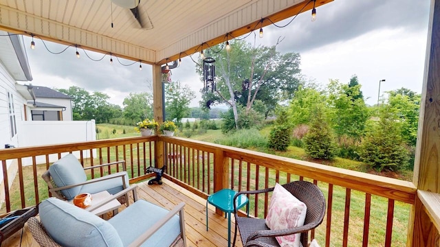 6453 Serenade Ln, Hixson, TN 37343 - wooden terrace featuring a ceiling fan and a yard