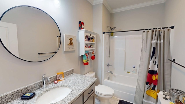6453 Serenade Ln, Hixson, TN 37343 - full bathroom with crown molding, toilet, shower / bathtub combination with curtain, and vanity