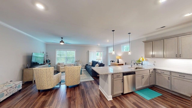6453 Serenade Ln, Hixson, TN 37343 - kitchen with crown molding, a sink, a peninsula, open floor plan, and stainless steel dishwasher