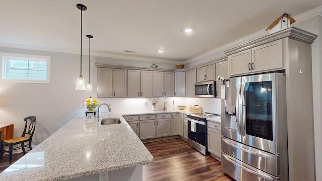 6453 Serenade Ln, Hixson, TN 37343 - kitchen with decorative backsplash, ornamental molding, a peninsula, a sink, and appliances with stainless steel finishes