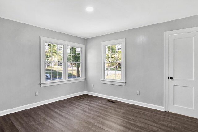 spare room featuring dark hardwood / wood-style floors, crown molding, and a healthy amount of sunlight