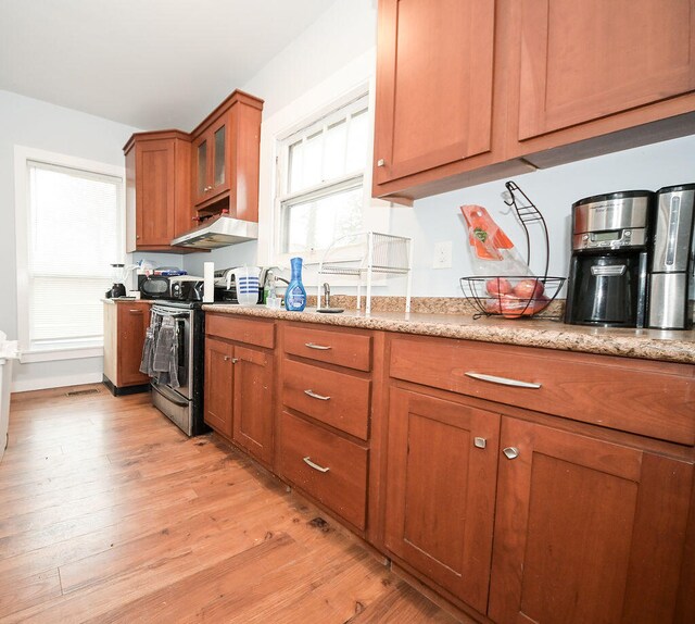 kitchen featuring light stone countertops, ventilation hood, light hardwood / wood-style flooring, and electric stove