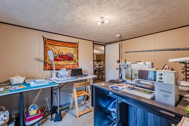 office space featuring light carpet and a textured ceiling