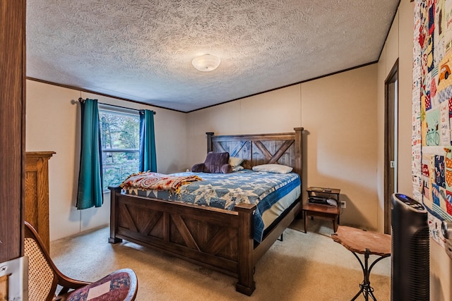 carpeted bedroom featuring a textured ceiling and crown molding