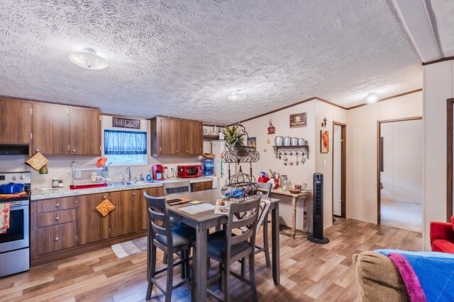 kitchen featuring lofted ceiling, crown molding, stainless steel electric stove, and light hardwood / wood-style flooring