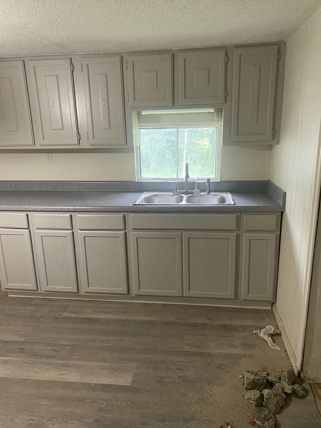 2320 Raines Dr NW, Cleveland, TN 37311 - kitchen featuring a textured ceiling, dark wood-style flooring, gray cabinetry, and wooden walls