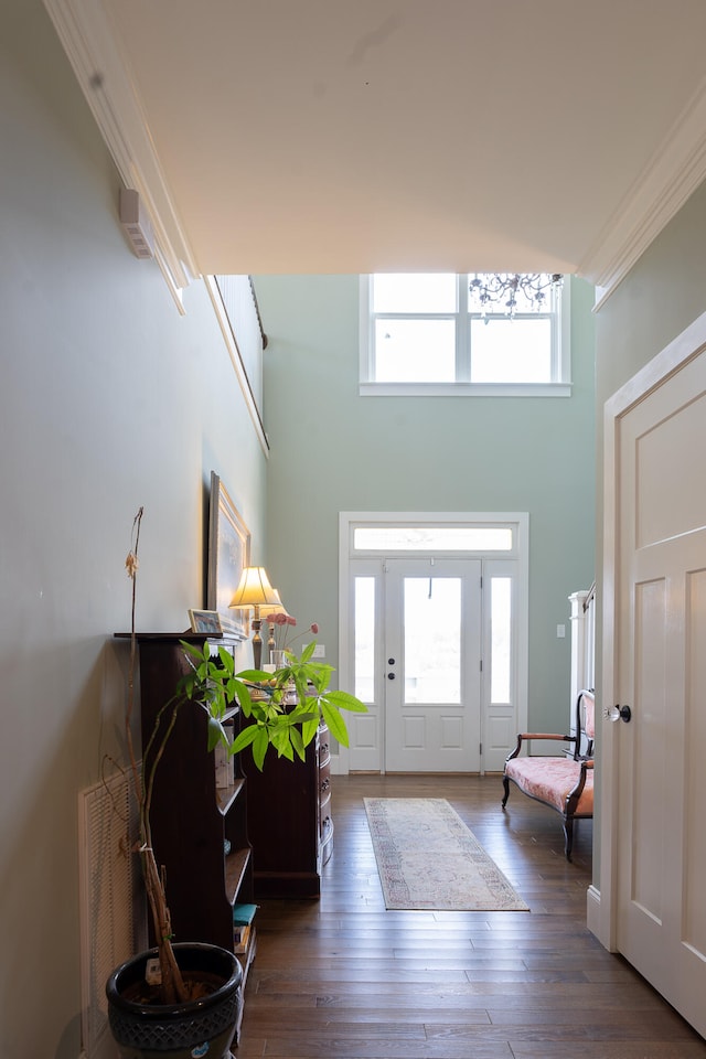 foyer featuring crown molding, a towering ceiling, and dark hardwood / wood-style floors