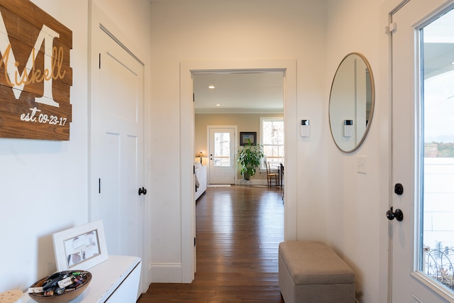 corridor featuring dark wood-type flooring