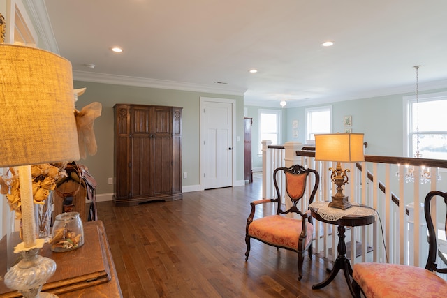 interior space with plenty of natural light, crown molding, and dark wood-type flooring