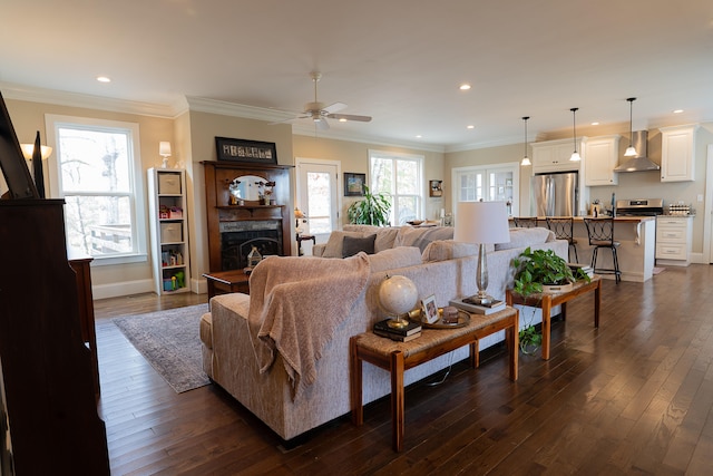 living room featuring crown molding, ceiling fan, and dark wood-type flooring