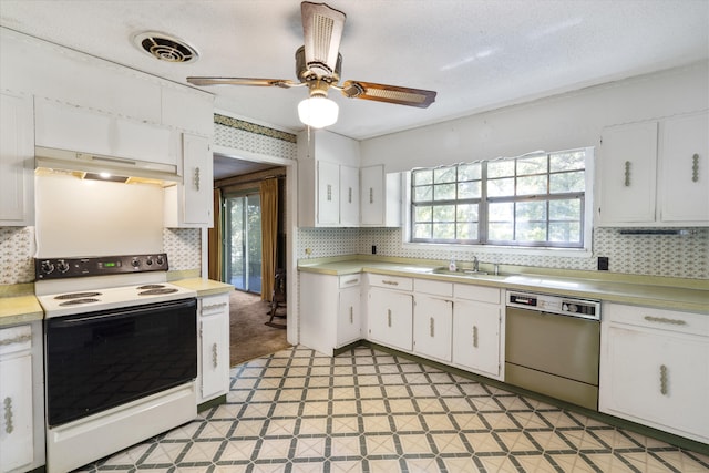 kitchen with electric range, dishwasher, white cabinets, and ventilation hood