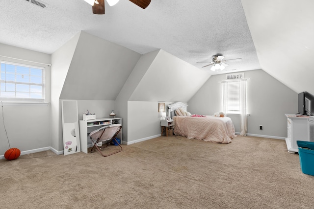 bedroom with multiple windows, a textured ceiling, and carpet floors
