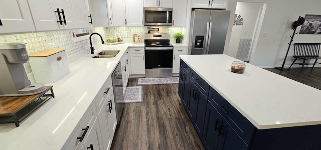 kitchen featuring dark wood-type flooring, sink, white cabinetry, stainless steel appliances, and backsplash