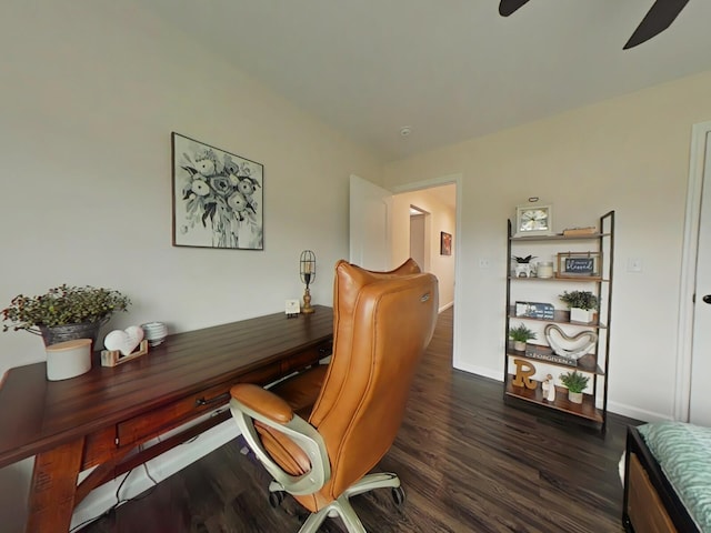 home office featuring ceiling fan and dark hardwood / wood-style floors