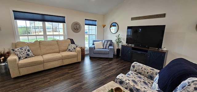 living room with lofted ceiling and dark hardwood / wood-style floors